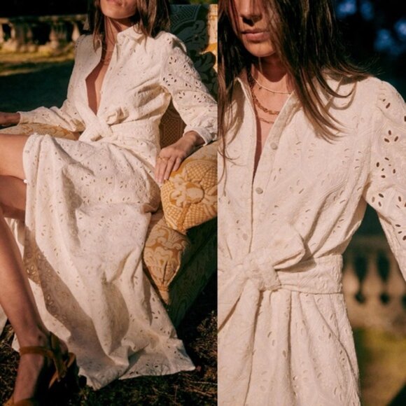 Sezane Bella Dress Ecru Embroidery White Size 40 French US 8 Romantic Maxi Boho - Picture 2 of 16